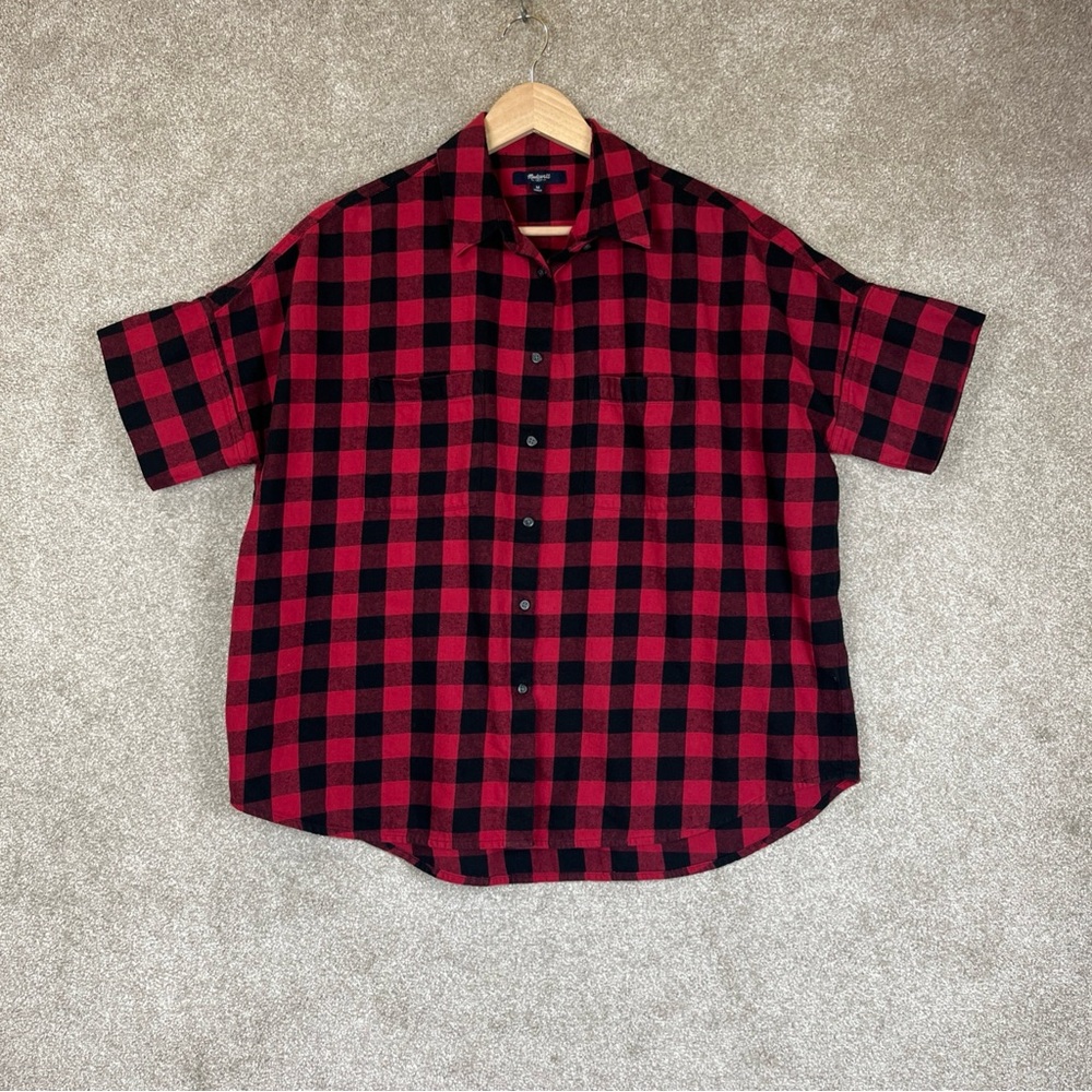 Madewell Shirt Womens Medium Red Flannel Short Sleeve Button Front Pockets-4456